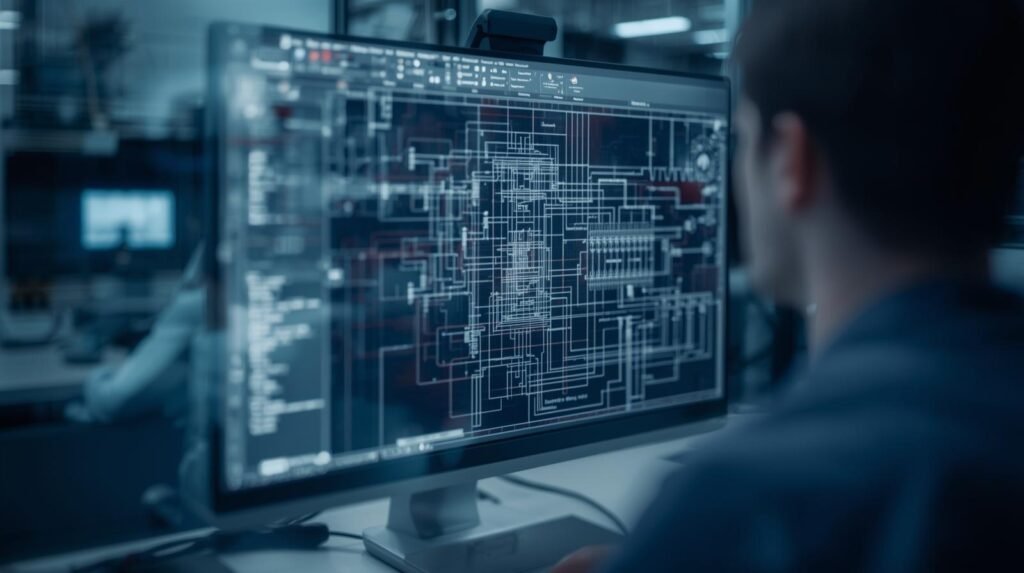 Services computer screen displaying electrical drafting software